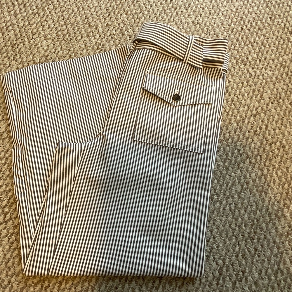 NWT LOFT Brown and White Striped Cropped Belted Pant - Size 6 - Picture 2 of 16